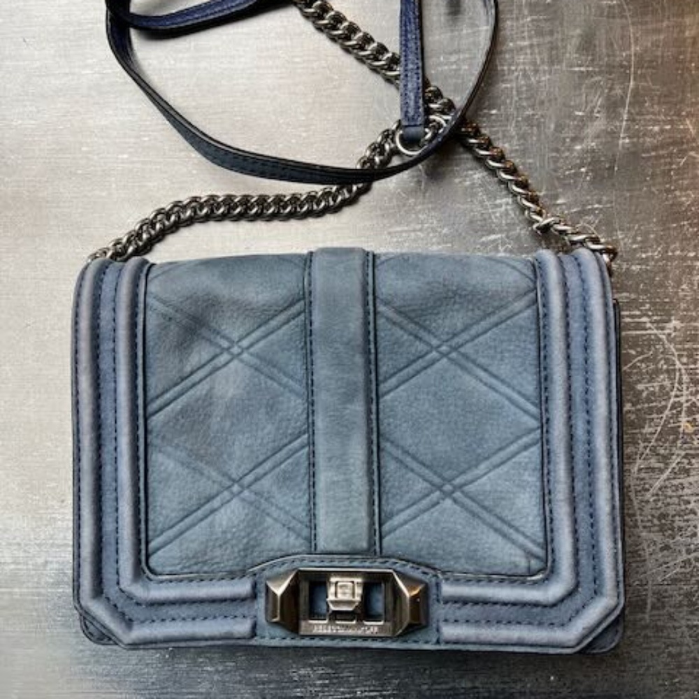 Rebecca Minkoff Blue Suede Genuine Leather Cross Body Hand Bag Purse Lux Chic